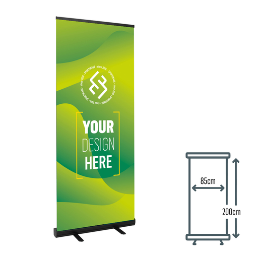 [04.R.B85200Z] Roll-up banner BUDGET 85x200, zwart, incl. print + draagtas